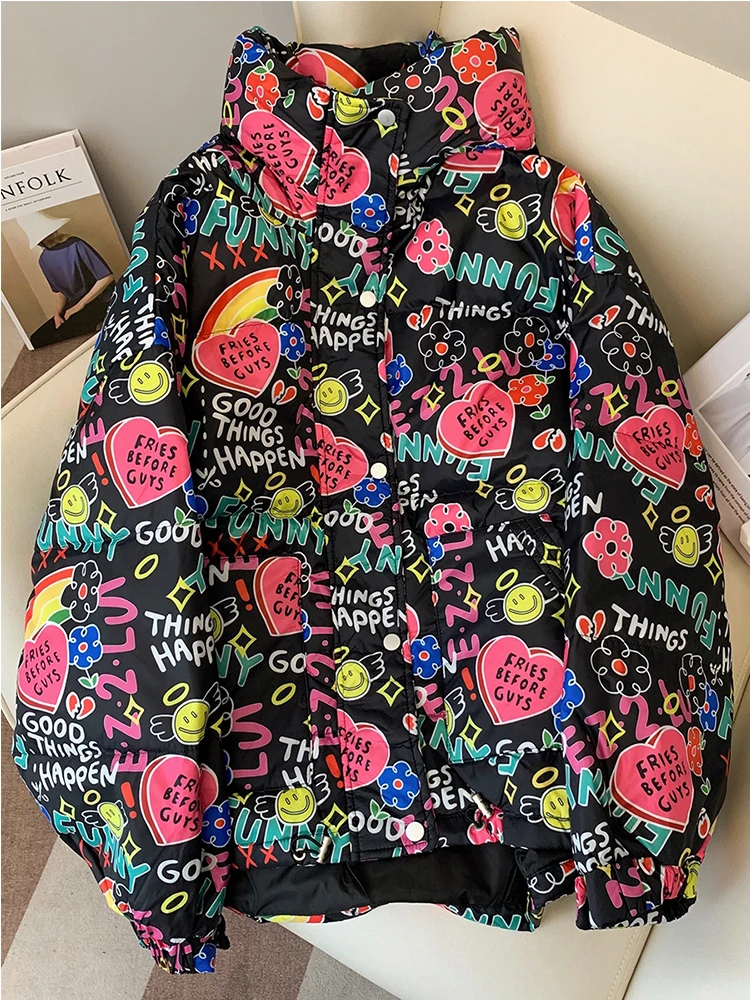 

Женский пуховик с длинным рукавом, свободный пуховик с капюшоном и воротником-стойкой, короткая верхняя одежда с хлопковой подкладкой, уличная одежда