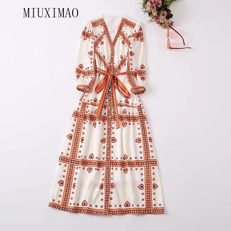 MIUXIMAO 2022 High Quality Autumn&Winter Elegant Dress Long Sleeve V-Neck Single Breasted Belt Fashion Long Dress Women Vestide