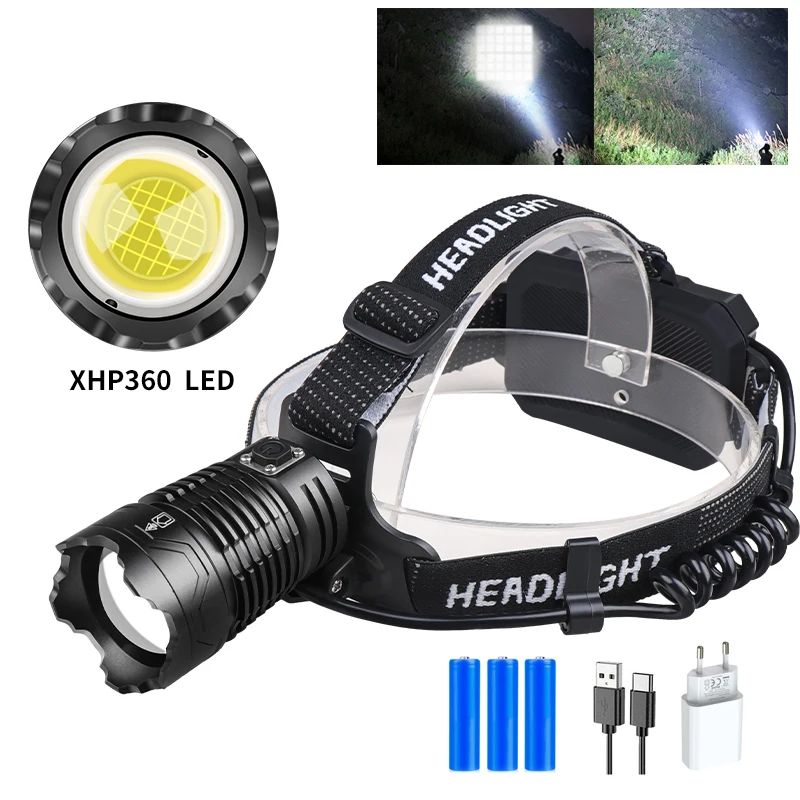 

Фонарь налобный XHP360, аккумуляторный, 3*18650, usb 500 м