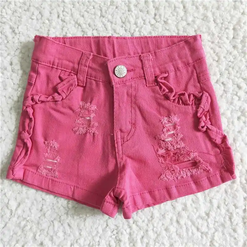 Baby Girl Summer Resizable Ruffle Pink Denim Kids Boutique Children Toddler Pocket Button Ripped Shorts Jeans Elastic Clothing