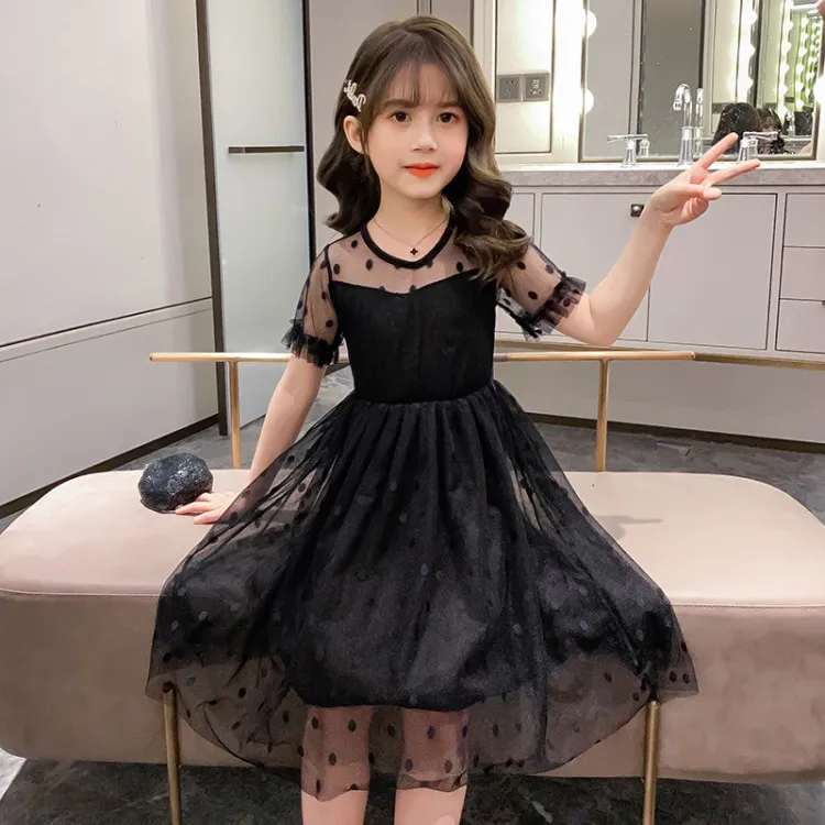 

2023 New Summer mesh lace Dress Kids off shoulder mesh lace Princess teenager Girl Clothes Lapels Layer