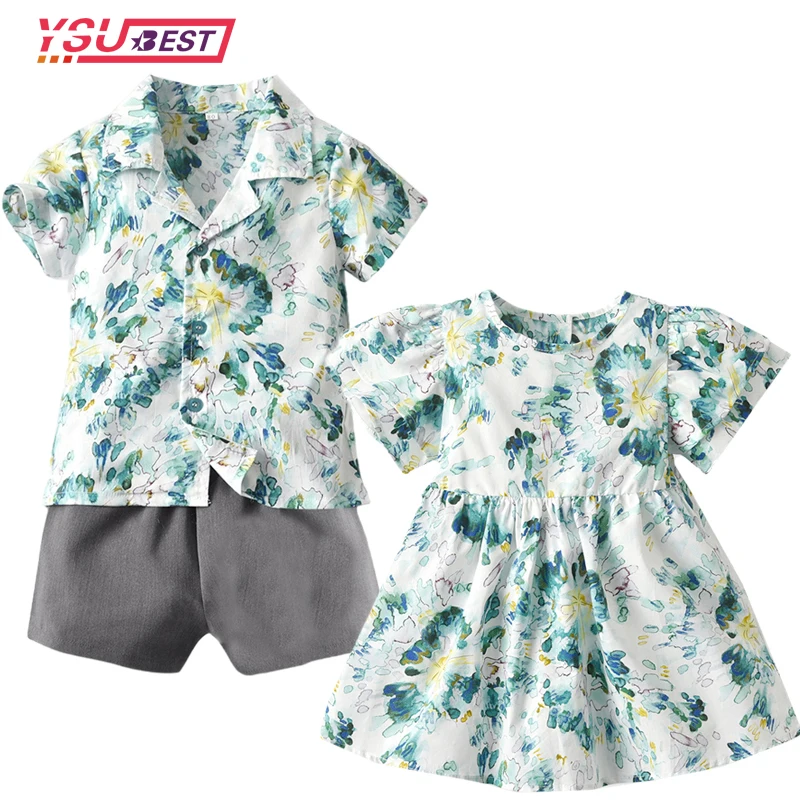 

2022 New Brother and Sister Matching Clothes Sets Casual Flower Print Summer Boys Clothing Set+Puff Sleeve Princess Dress Outfit