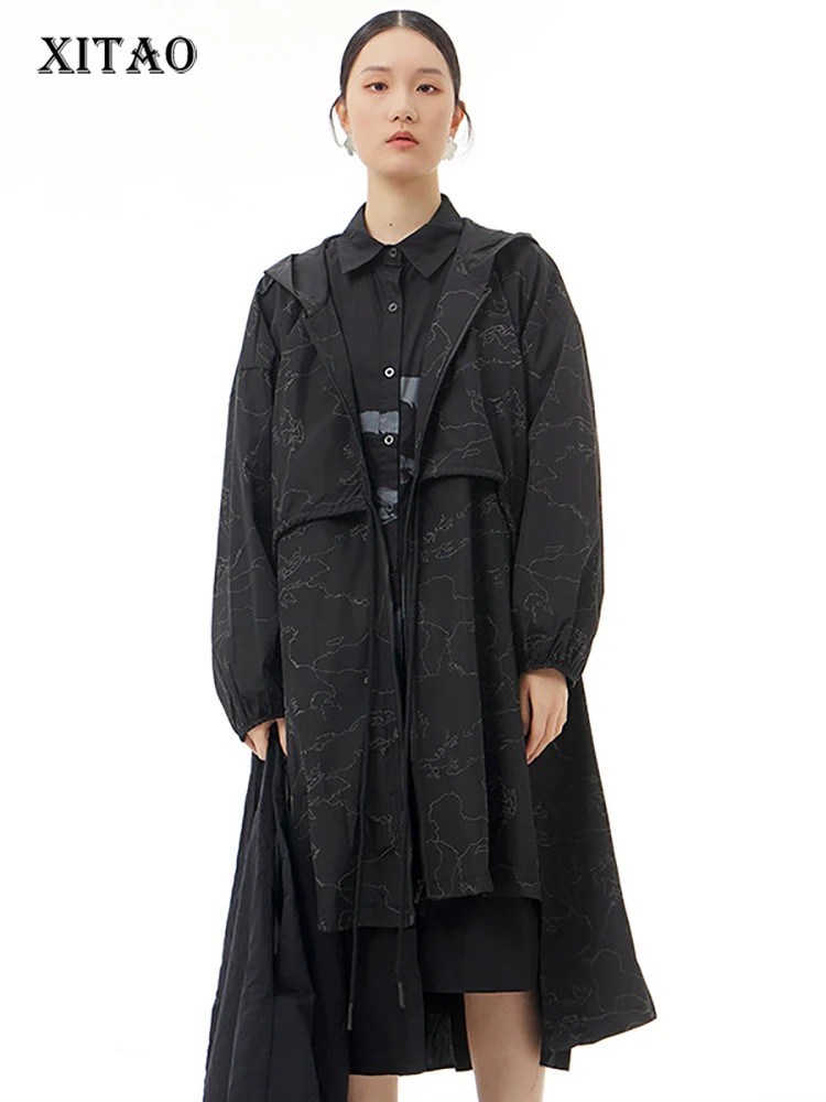 

XITAO Casual Jacket Coat Loose Fashion Draw String Splicing False Two Piece Women Hooded Collar Loose All-match New WMD5042