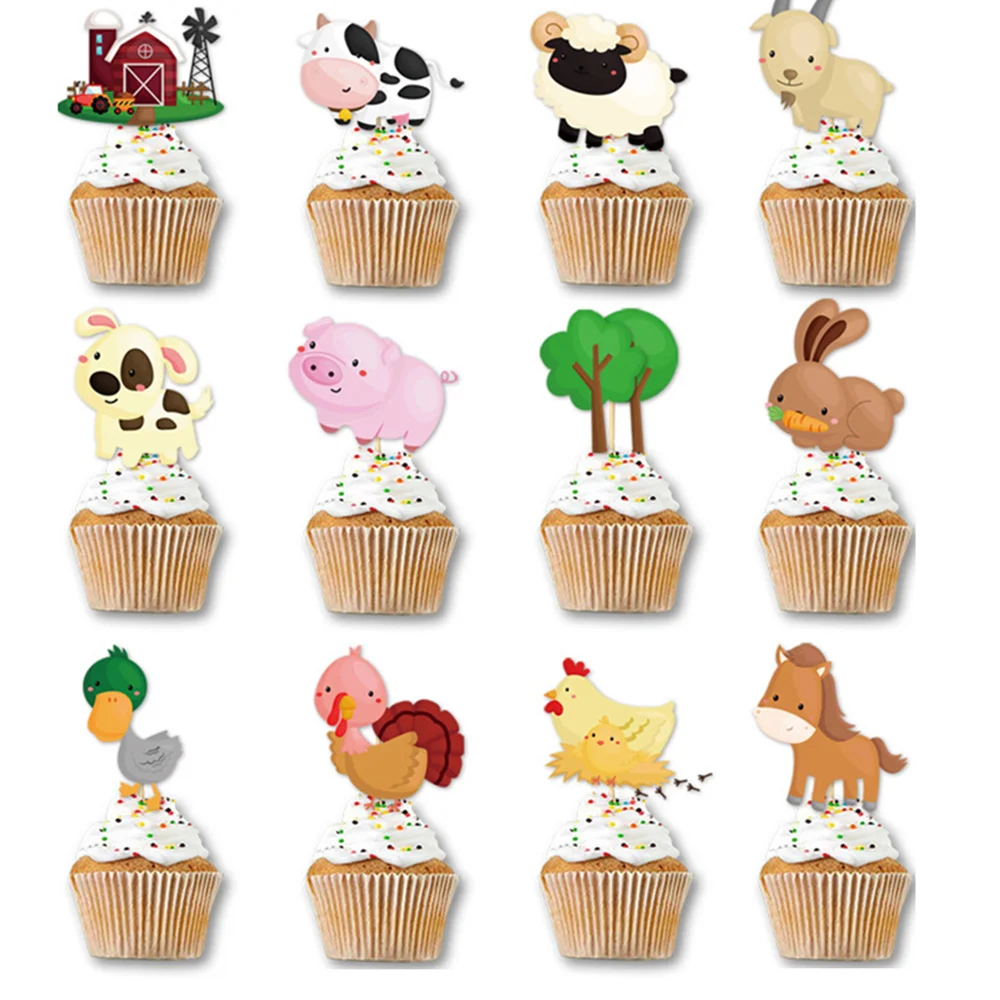 

12pcs/set Farm Party Cake Toppers Cow Sheep Duck Pig Cupcake Topper for Children Birthday Cake Decorations
