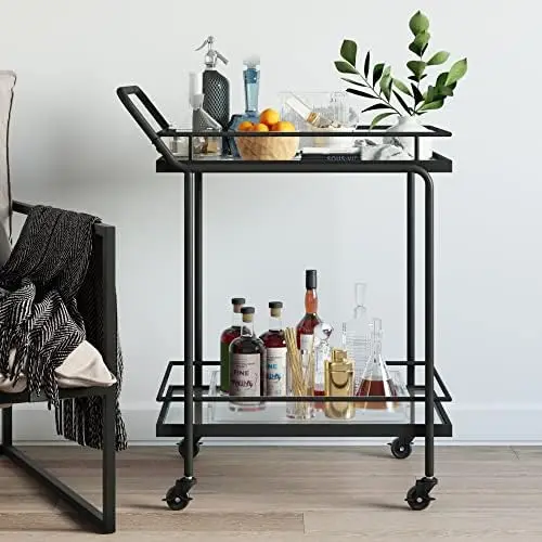 Rolling Bar or Cart for Tea or Cocktail, 2-Tiered Glass and Metal, Black & Theo 5-Shelf Black Modern Bookcase, Open  Mount L