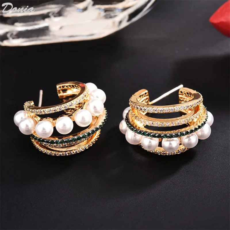 

Donia Jewelry New Fashion Shell Pearl Earrings Copper Micro Inlaid AAA Zircon Multi-Loop Earrings Ms. High-end Earrings