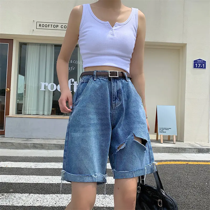 

Женские рваные джинсовые шорты-бермуды Y2K, повседневные Модные мешковатые шорты в Корейском стиле с высокой талией, женские джинсовые шорты
