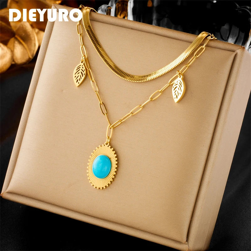 

DIEYURO 316L Stainless Steel Oval Blue Stone Pendant Necklace For Women Girl New Trend Double Layer Clavicle Chain Jewelry Gift