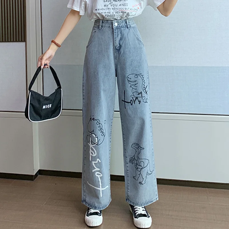 

Autumn Design Denim Jeans Women Print Cartoon Loose Jean Pants Blue High Waisted Jeans Korean Fashion Pants New