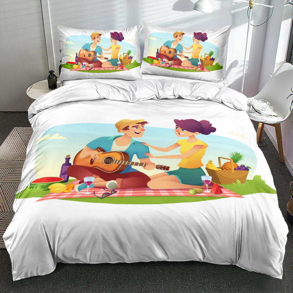 

Simple Cartoon Duvet Cover White Bed Linens Couples Picnic Quilt Cover Comforter Shell Twin Full King Queen Size for Bedroom
