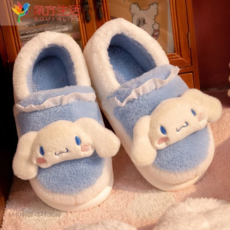 Sanrio Hello Kitty Plush Soft Bottom Non Slip Slippers Cotton Korean Style Kawaii Winter Slippers Thick Sole Warm Shoes Women