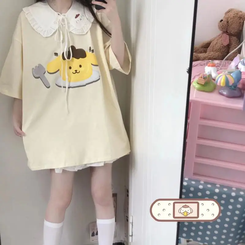 

Cartoon Sanrioed Anime Pompom Purins Short-Sleeved T-Shirt Ins Girly Kawaii Summer Casual Loose Cotton Top Holiday Gifts