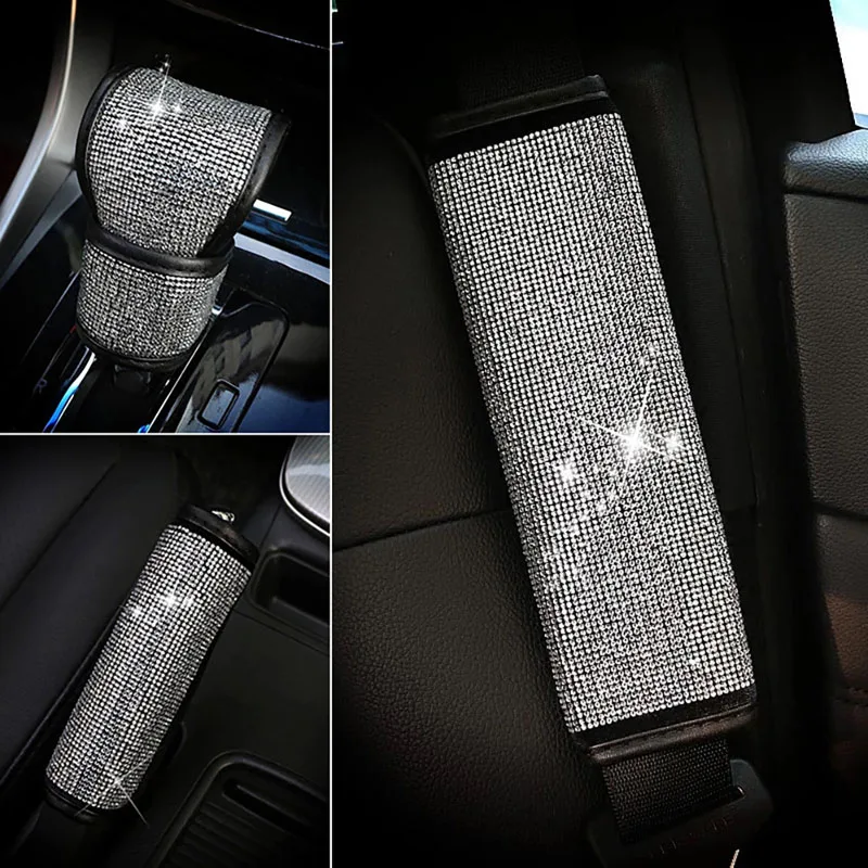 

Car Interior with Diamond Handbrake Cover Shifter Set Seat Belt Shoulder Guard Set Crystal Shift Cover Car Interior Accessories