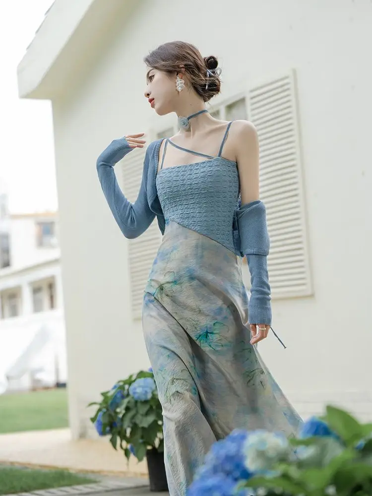 

French Design Sling Dress Women's Clothing Summer Custome High End Elegant Gentle Cardigan Sweet Holiday Long Dress Fairy Party