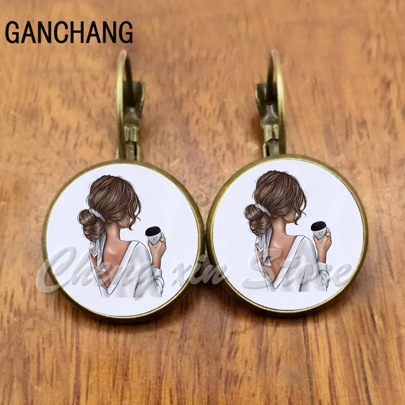 Женские графические кофейные серьги ручной работы с мультяшным рисунком