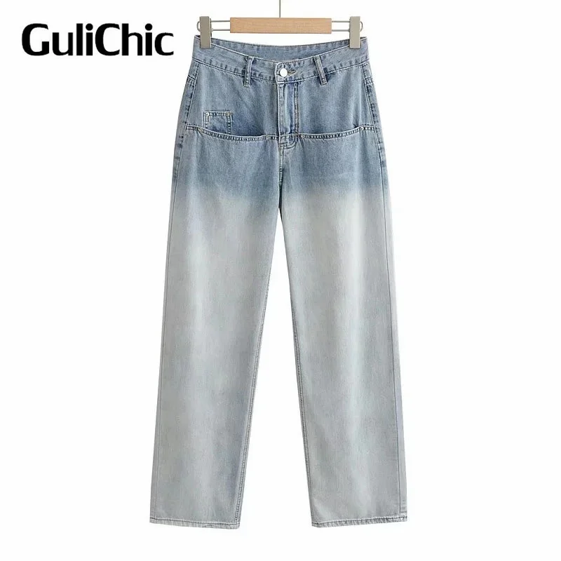 

6.22 GuliChic Women High Waist Fashion Vintage Gradient Color Jeans Chic Pocket Design Loose Casual Straight Pant