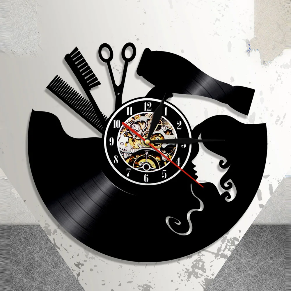 

Barber Hairdresser Industry Art Wall Decoration Vinyl Record Black Wall Clock Living Room Decoration