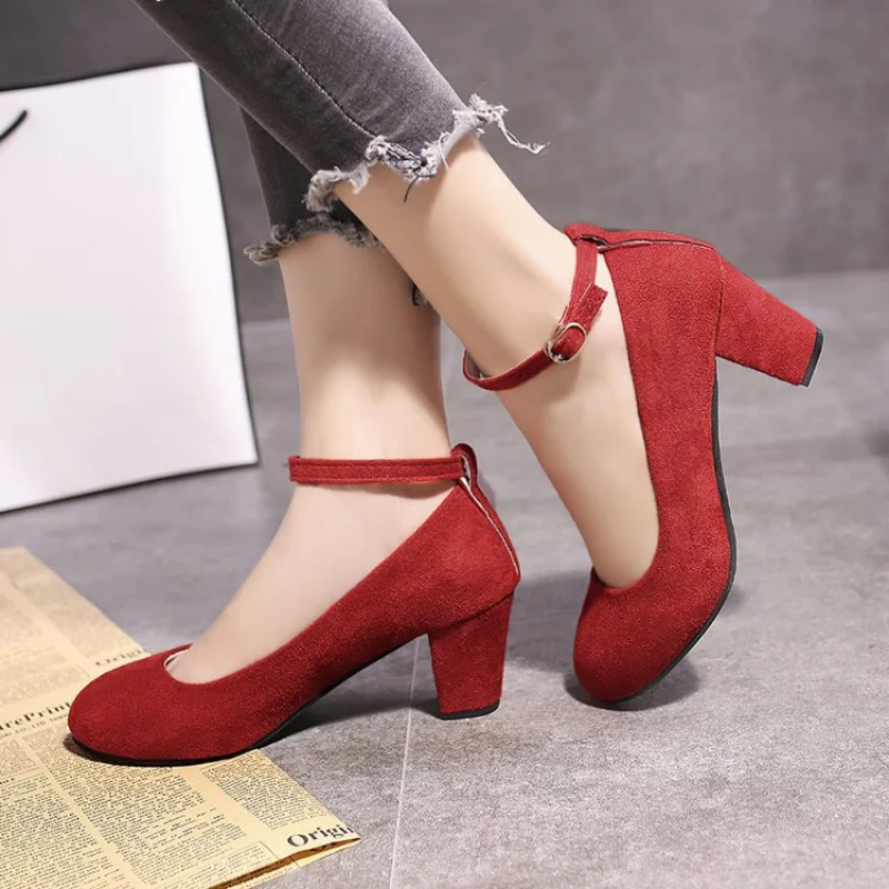 Women's Fashion Pumps Sweet Woman Thick High Heels Ankle Strap Flock Female Platform Mary Jane Women OL Shoes Ladies Footwear