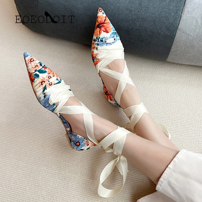 

EOEODOIT Lace-up Floral Shoes Women Spring Summer Fashion Flats Shoes Cross Strap Band Pointed Toe Shallow Sandals