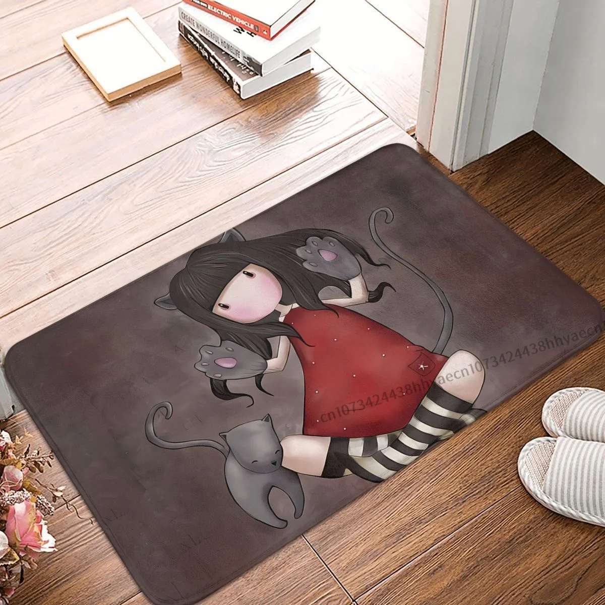 

Santoro Gorjuss Manga Cute Girl Bathroom Non-Slip Carpet Black Cat Flannel Mat Welcome Doormat Floor Decor Rug