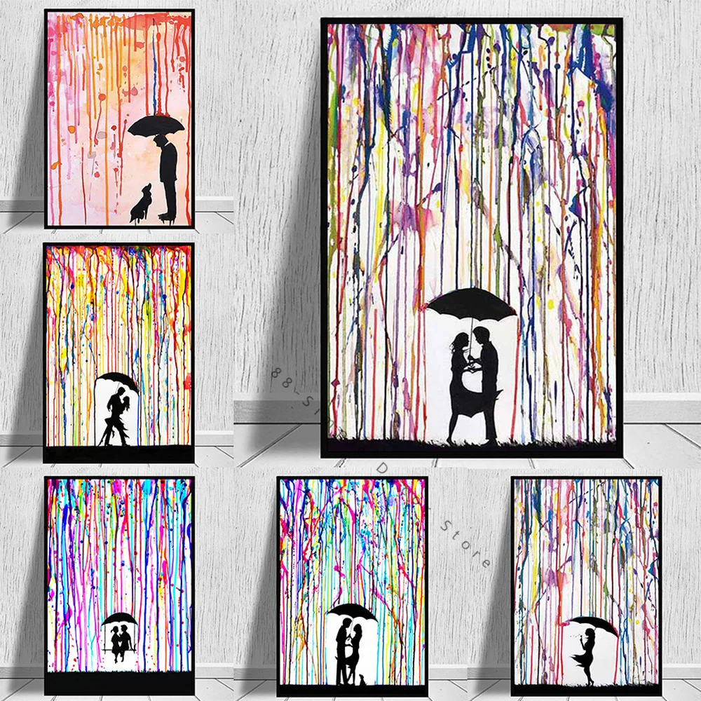 

Graffiti Art Abstract Canvas Paintings Rainbow Lovers In The Rain Banksy Poster And Prints Wall Art Picture Room Home Decor