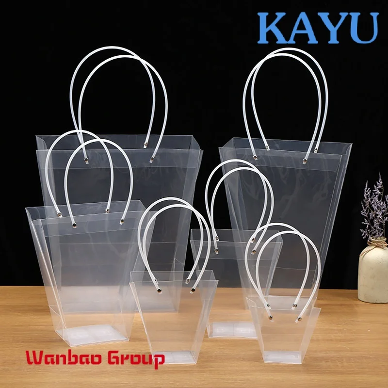 Customized Transparent Trapezoid PP Bag Plastic Clear Flower Packing Bag With Handle
