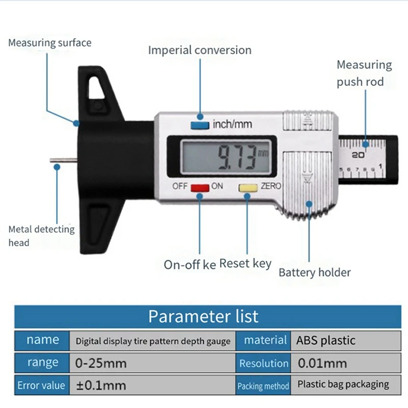 1 шт. цифровой измеритель глубины протектора шин серебристый 0-25 мм/1 дюйм