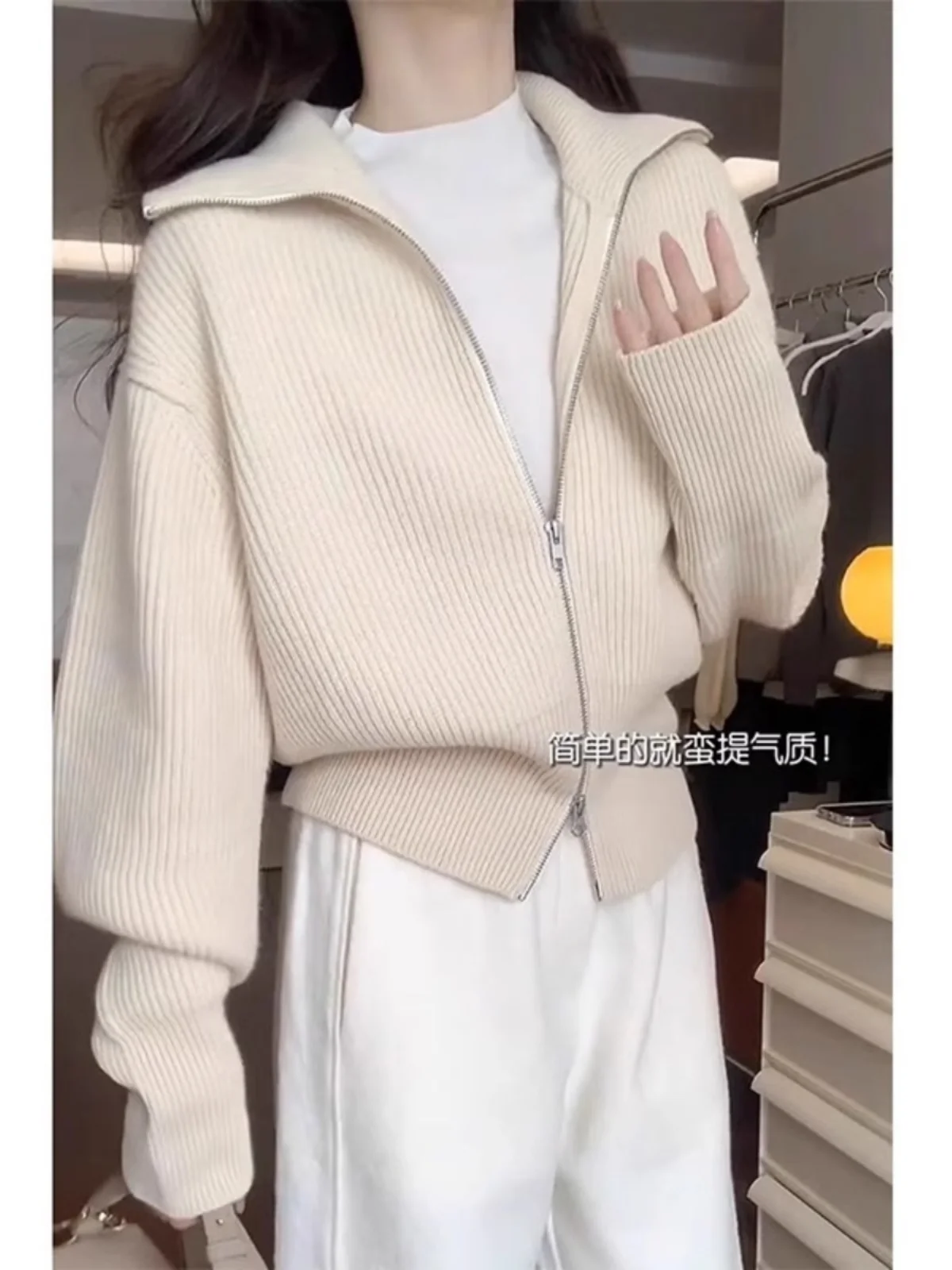 Korean Series Apricot Double Zipper Lapel Sweater Outerwear Women Autumn and Winter Lazy Loose Turtleneck Knit cardigan Short...