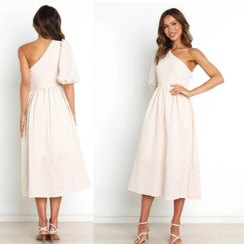 

European And American-Style2022Summer New One-Shoulder Plaid Large Swing Dress