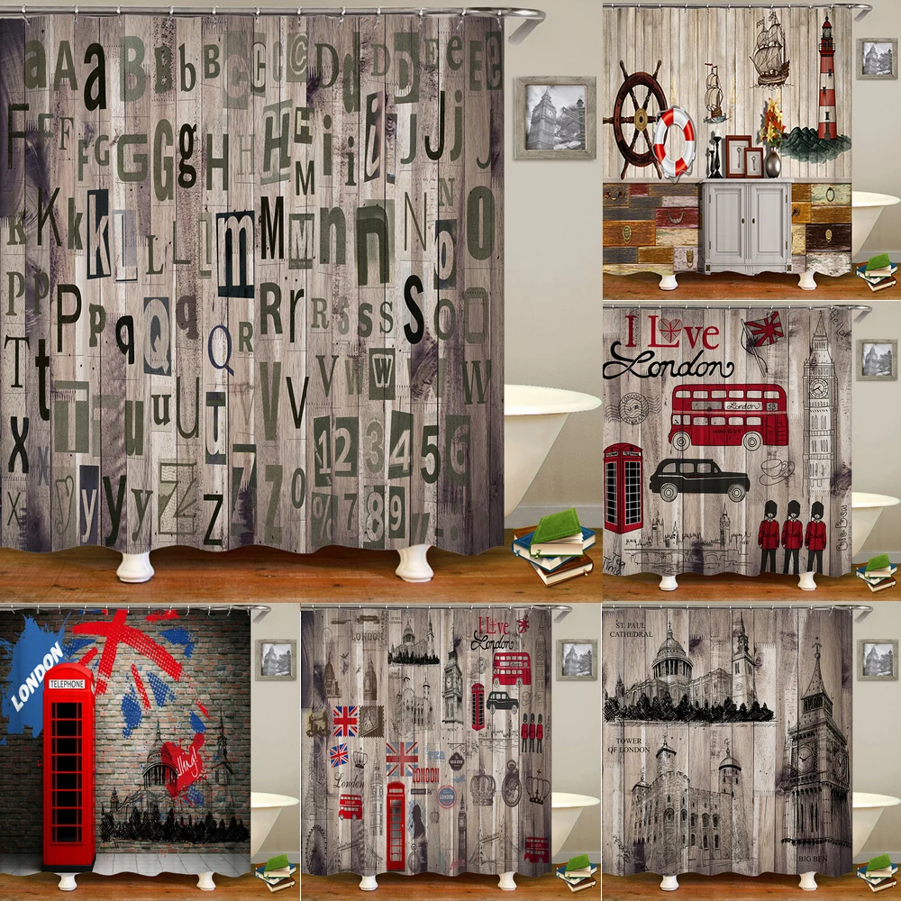 

Custom Old Wood Shower Curtain Waterproof Bathroom Polyester Fabric Retro British style Bath Curtains Decor With Hook