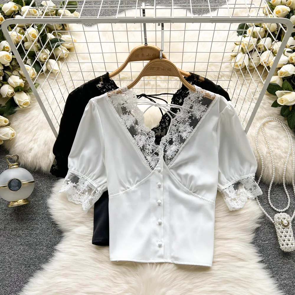 

White Short-sleeved Short Tops Mujer New Fashion Women's Summer Lace Shirt Slim Stitching Elegant Blouse G004