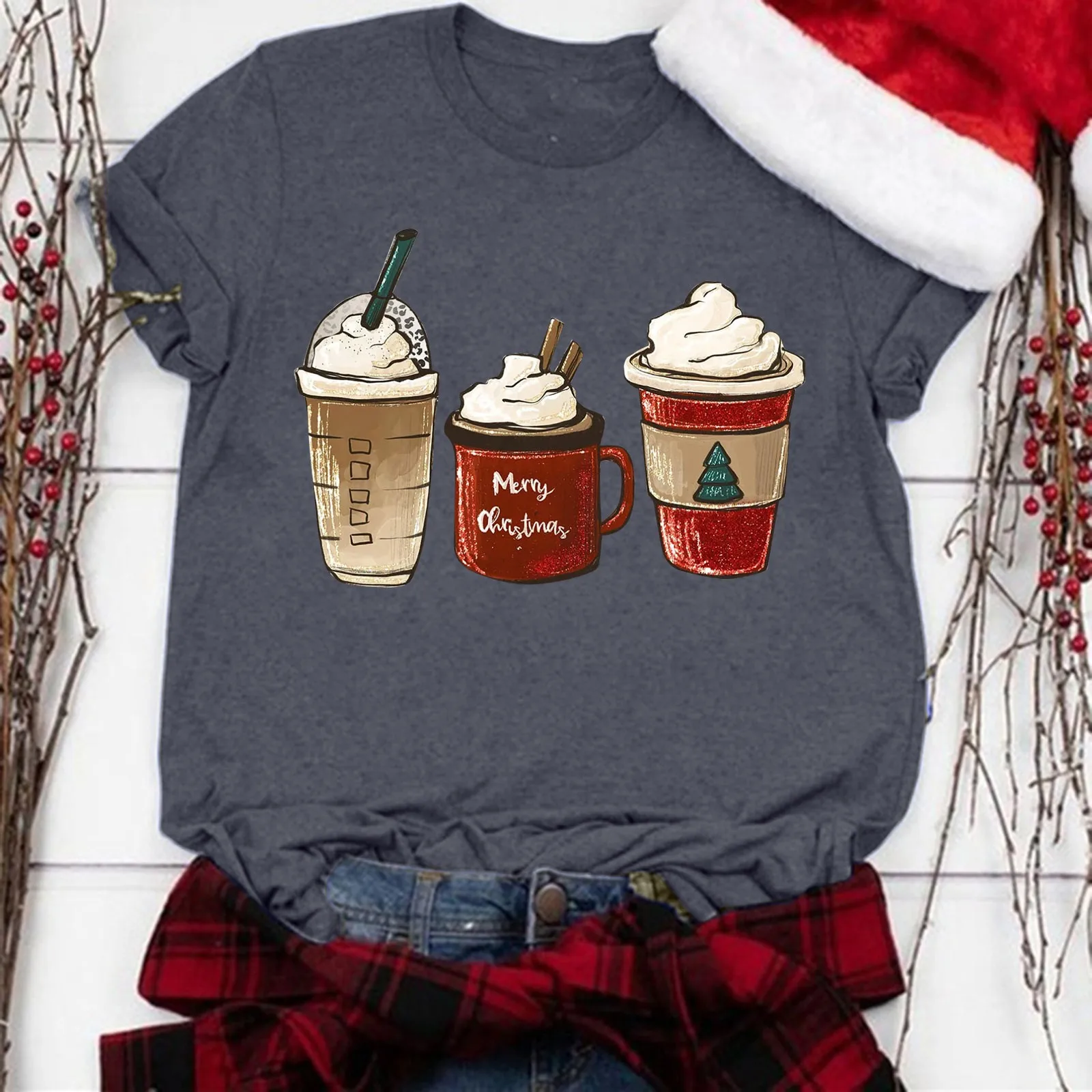 

Футболка женская повседневная с круглым вырезом, топ с коротким рукавом и рождественским принтом, свободная рубашка с длинным рукавом