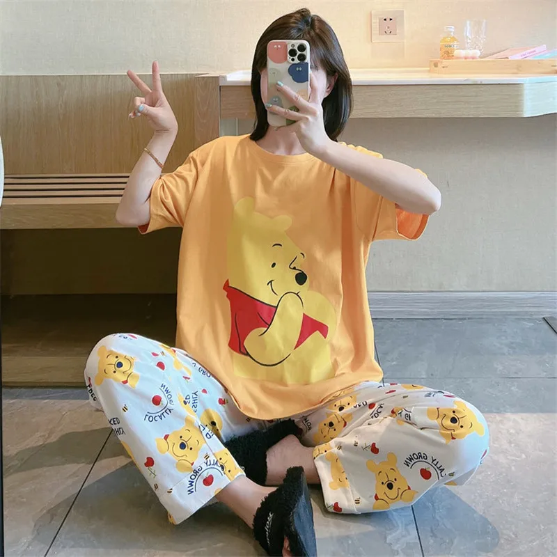 

Disney Cute Pooh Print 2pcs Set Pajamas Women's Summer Short Sleeve Pants Sweet Girl Casual Loose Homewear Suit Pajamas