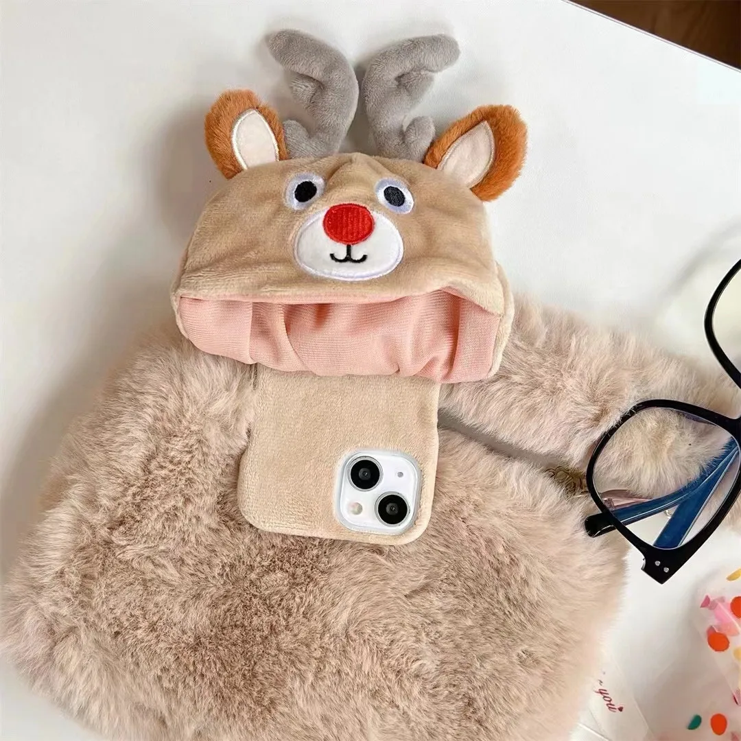 

Cute Eik Deer Fur Plush Phone Case for iPhone 15 14 13 12 Pro Max Christmas Warm Cover for iPhone 15 14 13 12 Pro Lovely Fundas
