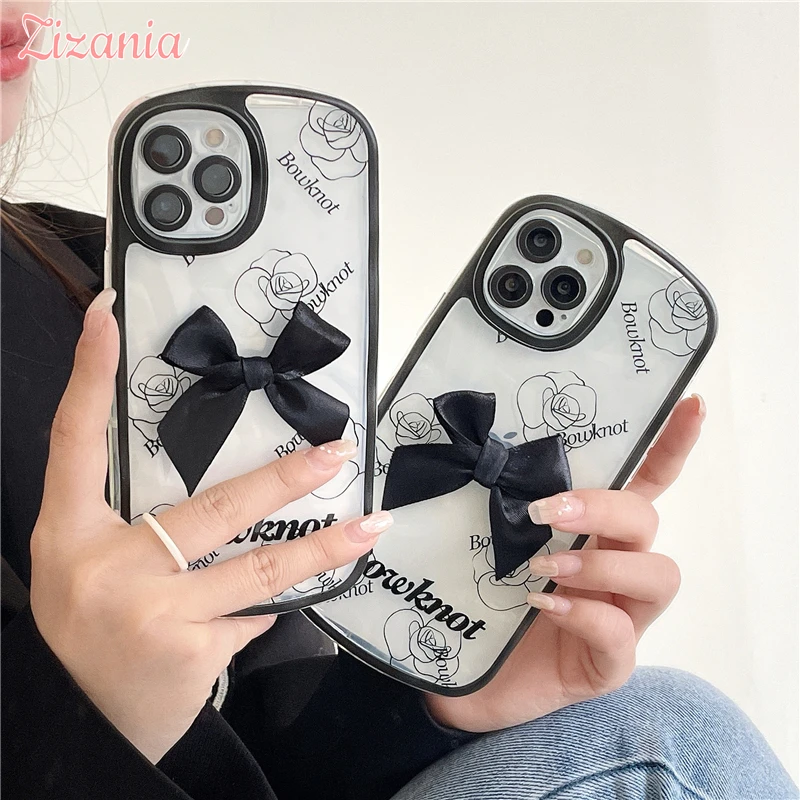 

Cute Black Rose Butterfly Knot Phone Case For iPhone 13 12 11 Pro XS Max X XR Fashion Transparent Shockproof Cover Gift Hot Sale