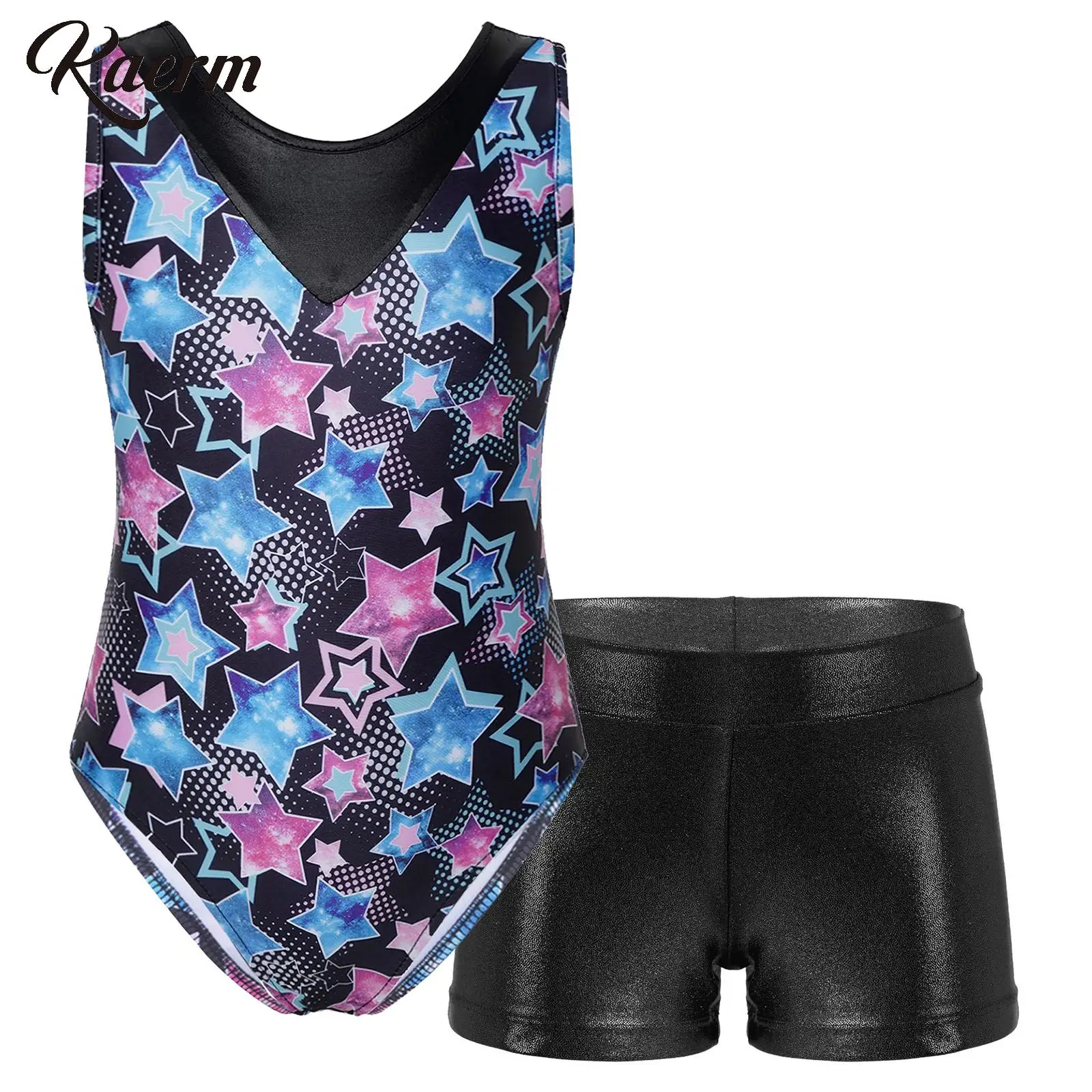 

Kids Girls 2 Pcs Dance Outfit Metallic V Splice Tank Leotard with Shorts Gymnastics Unitard Biketard Sports Sweatsuits Ballet