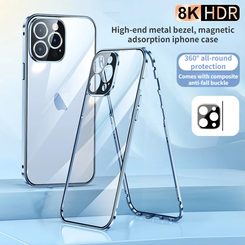 

For iPhone 14 Pro max phone Case.iPhone 11 12 Mini 13 New 360° Full Protection Tempered Magnetic Adsorption Glass cover bag