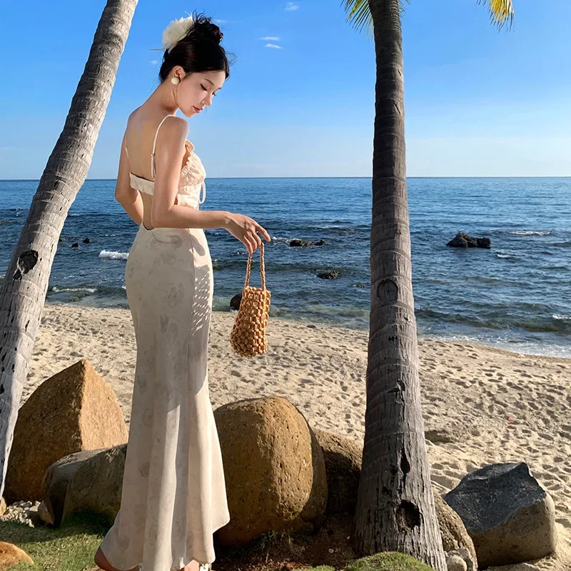 Элегантное утягивающее платье-майка с открытой спиной для женщин летнее длинное