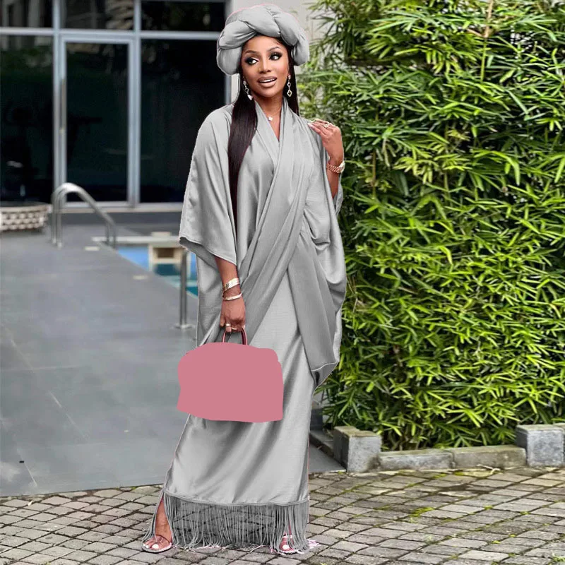 

WUHE Vintage Women Satin Tassel Hem Draped V-neck Batwing Sleeve Maxi Long Slim Abaya Dubai Turkey Muslim Dress African Vestidos