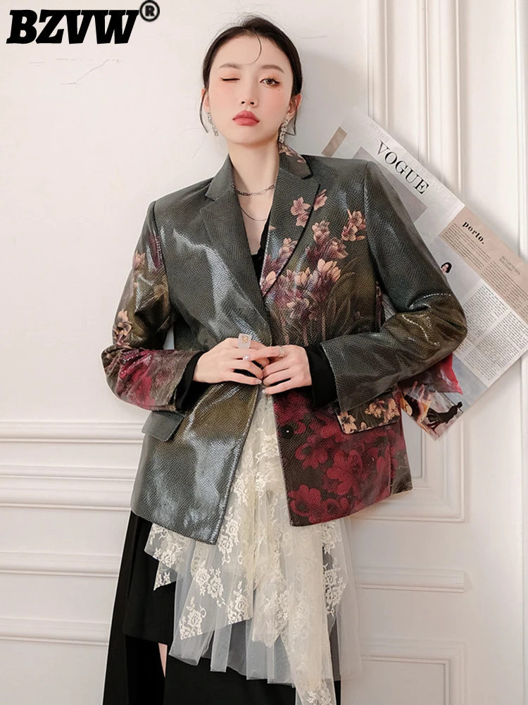 

BZVW PU Printing Designer Blazer For Women Temperament Versatile Fashion Novelty High Street Suit Coat Female 2023 New 25X01810