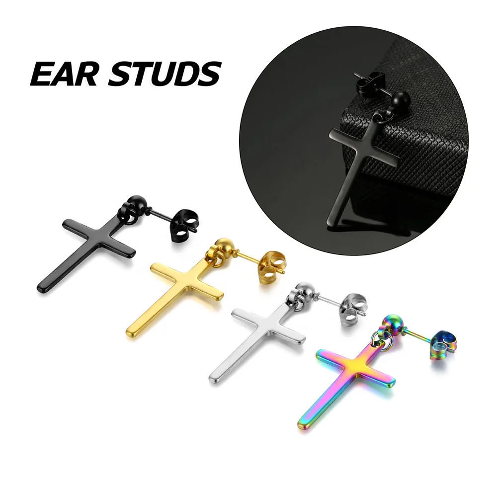 

Unisex Cross Decor Ear Stud Stainless Steel Gothic Dangle Drop Ear Jewelry Ear Decor All-match Punk Fashion 1 Pair Jewelry For W