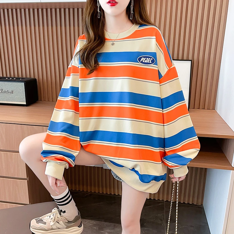 

Autumn Winter Striped Hoodies Women Korean Fashion Long Sleeve Hoodie Sweatshirt Harajuku Cotton Oversized O-neck Lady Pullovers