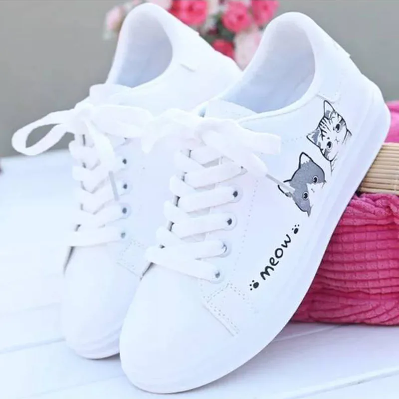 New Fashion Lace-up Women Sneakers Woman Casual Shoe Printed Summer Women's Pu Shoes Cute Cat Canvas White Shoe Zapatillas Mujer