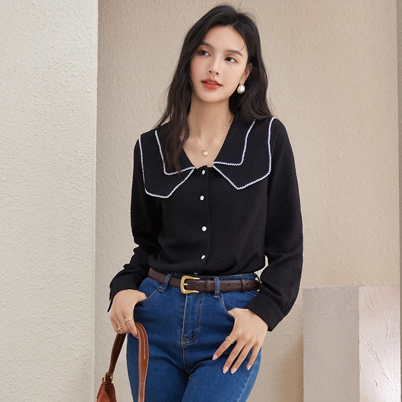 

French Style Long Sleeve Black Shirt Women Tops Spring Autumn Office Lady Elegant Chic Loose Casual Blouse A3018