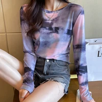 2022 new design korean fashion printed casual women bottoming shirts long sleeve mesh tops tees o neck office lady blouses