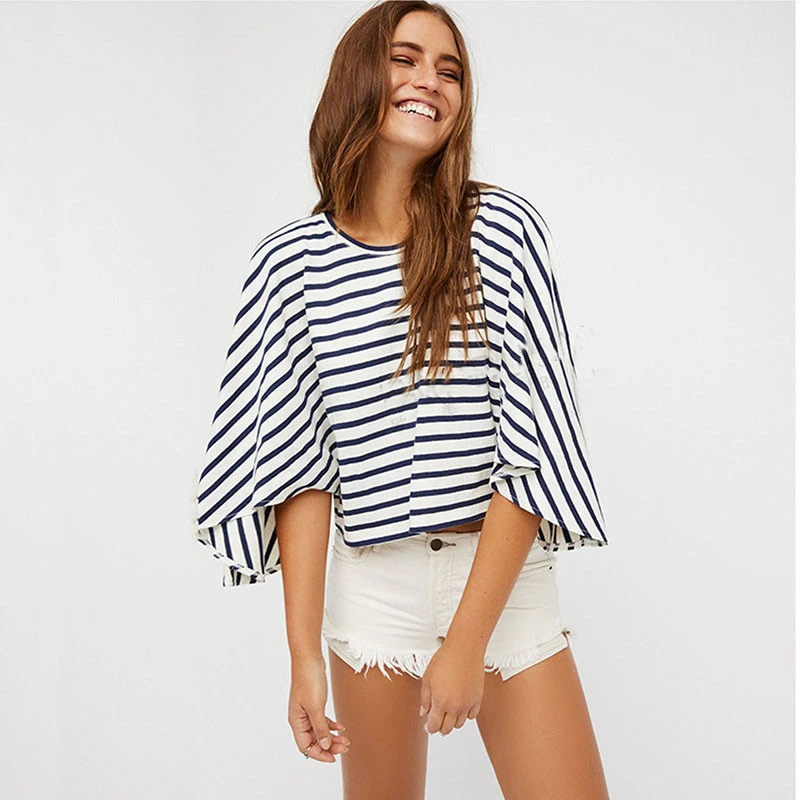 

Casual Fashion Women Cold Off Shoulder Stripe Loose Tops Bat Short Sleeve O-neck Baggy Blouse Shirt