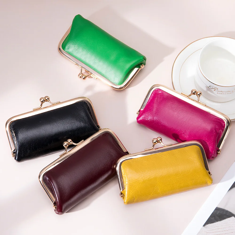 

Women Brand Design Coin Purse Fashion Shiny Oil Wax Leather Wallets Retro Metal Clip Coin Bags for Women 2023 New Lipstick Bag
