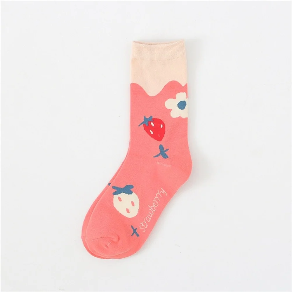 5 Pairs Fashion Cute Pink Strawberry Medium Tube Women Socks kawaii harajuku Cotton College Style Casual Cartoon Socks