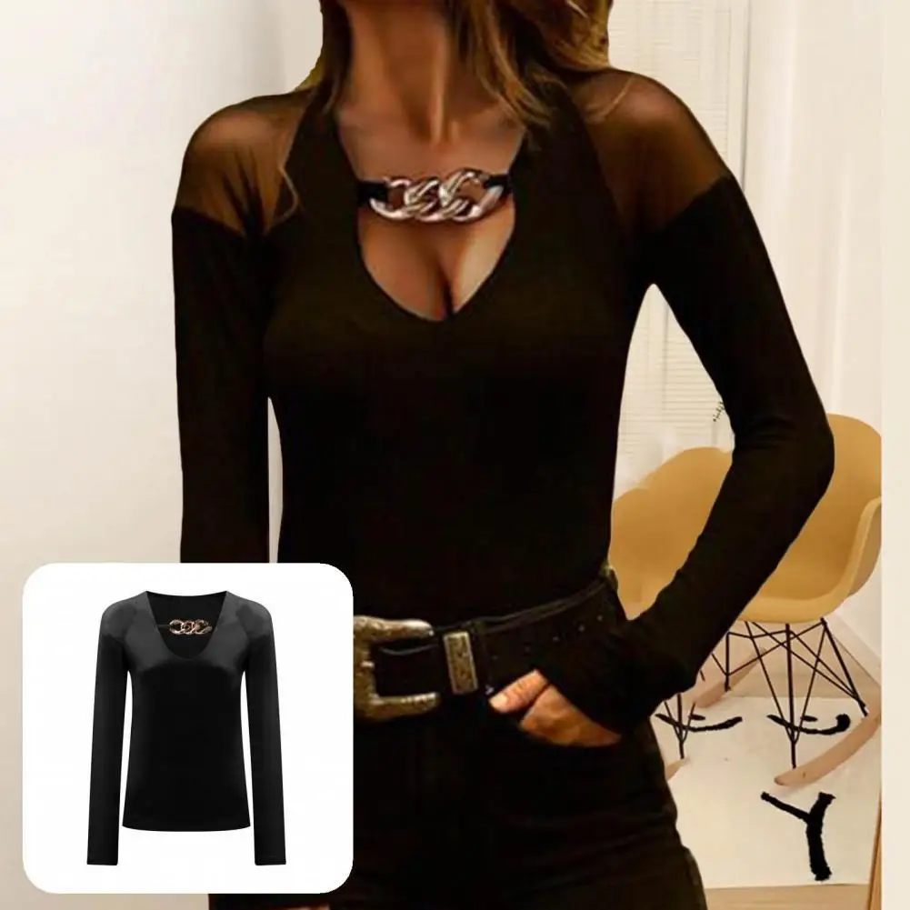 

Skin-touch Trendy Shoulder Mesh Stitching T-shirt Top Metal Chain T-shirt Top Solid Color for Night Club