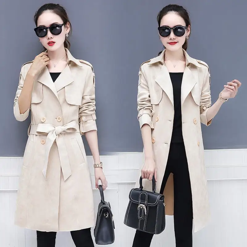 Women's Medium Long Korean Style 2022 Autumn  Winter Fashion Suede Coat Slim Coat Leather Trench Coat for Women Elegant Blet